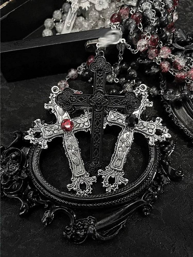 Three-Color Gothic Beaded Cross Necklace