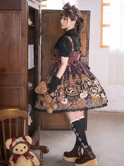Lolita Trim Details Dress with Sweet Bear Black Lace Red Bow Print Plaid and