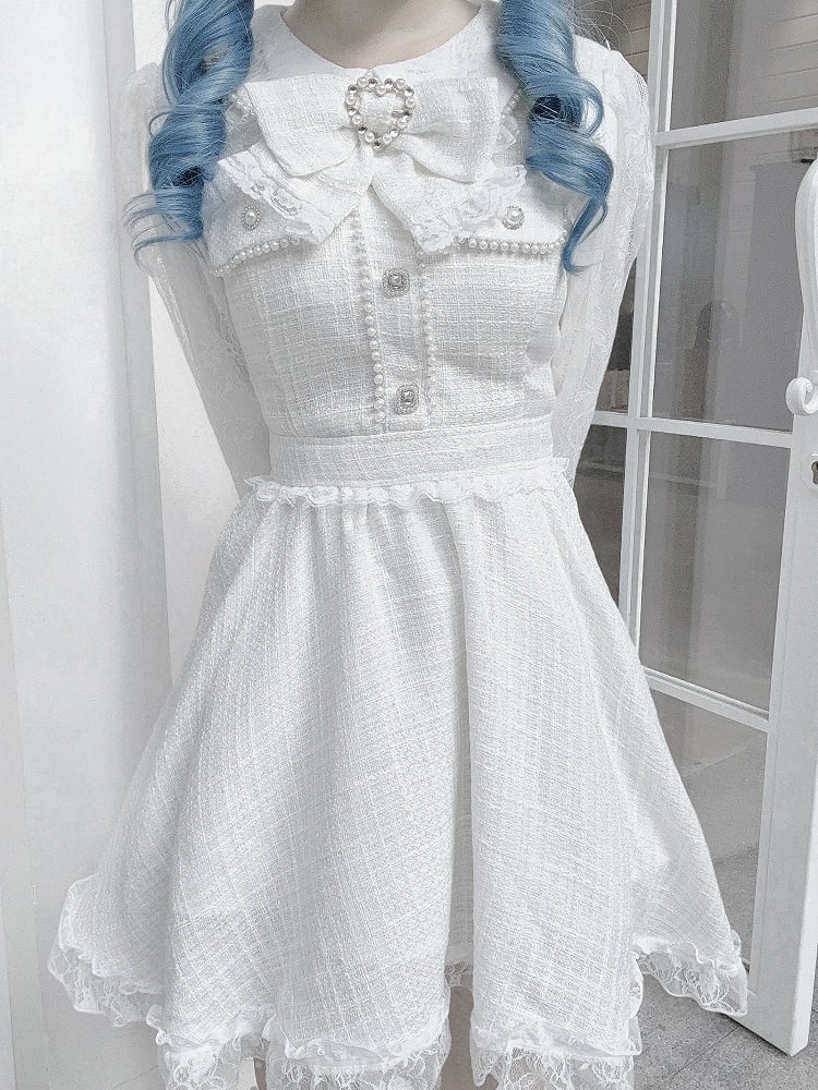 with Long Jirai Dress Kei Tweed Lace Sleeves White