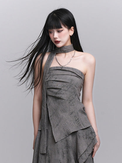 Gray Splatter Punk Matching Layered with Asymmetric Wasteland Neck Ruching Strap Bustier