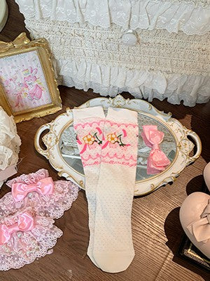 Socks Floral Blue Calf Bow Strawberry Pink/Red/Dark Pattern