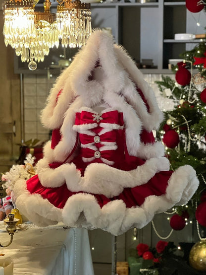 Christmas Red Winter Hooded Cape with Oversized Plush Bunny Ears