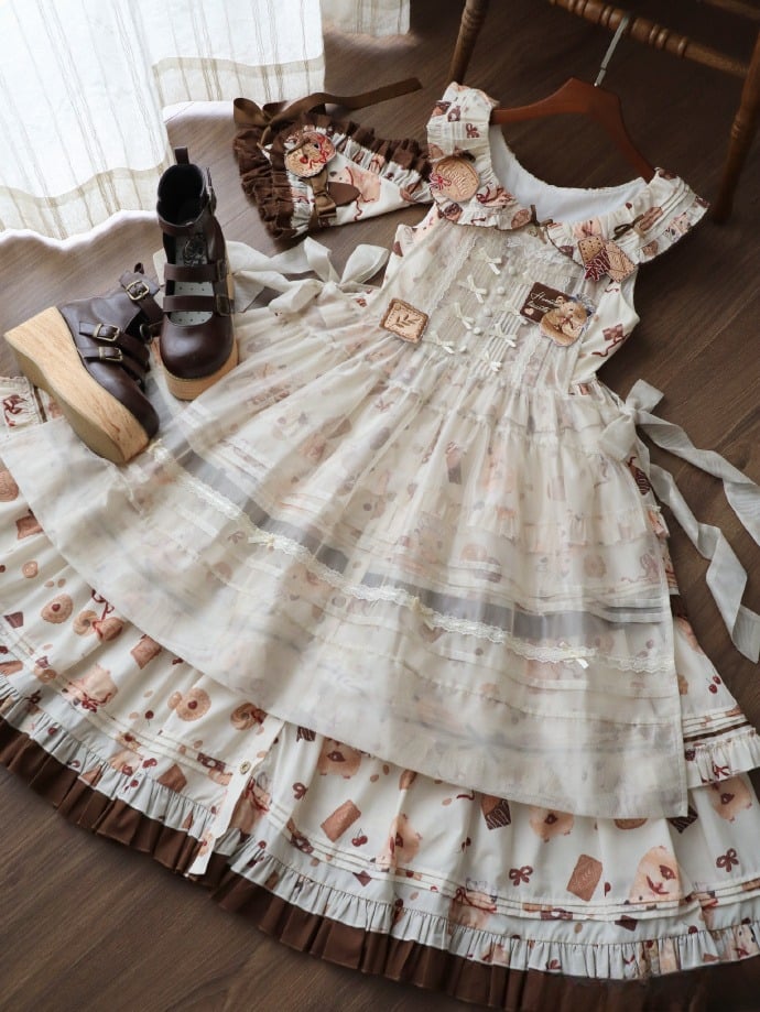 Hamster Dress Cookie Brown Triangular and Apron Headscarf Lolita Sweet Yellow Print Full Set + Brooches