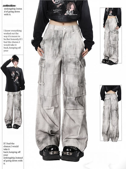 Cargo-Jeans mit weitem Bein und Utility-Taschen Weiß Grau Tie-Dye