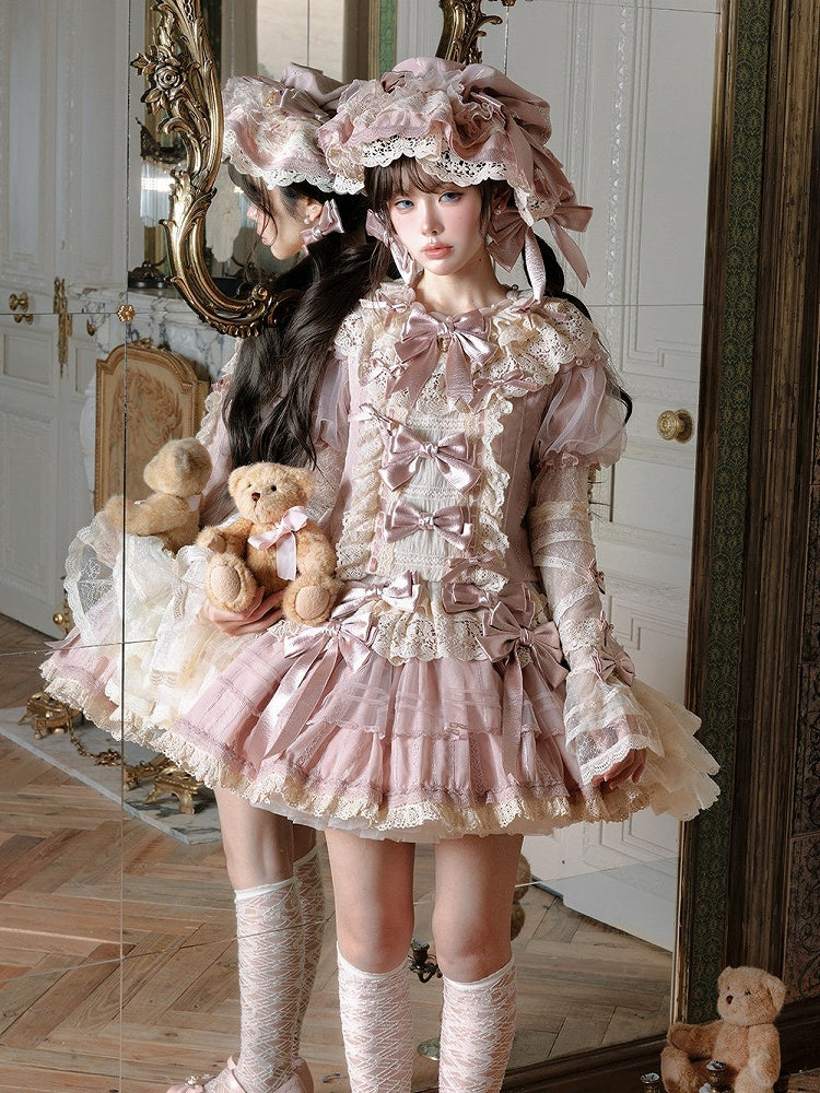 Sleeves Puff Pink with Waist Bow Dress and Sweet Beige Low Lolita Accents