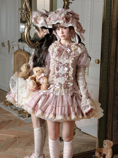 Sleeves Puff Pink with Waist Bow Dress and Sweet Beige Low Lolita Accents