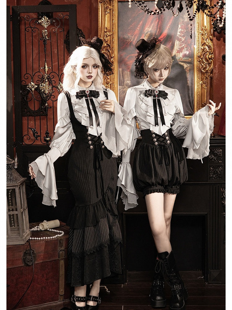 Gothic Lolita 4-Piece Set: Jabot Collar Poet Sleeve Shirt & Fish Tail Skirt - With PUJI