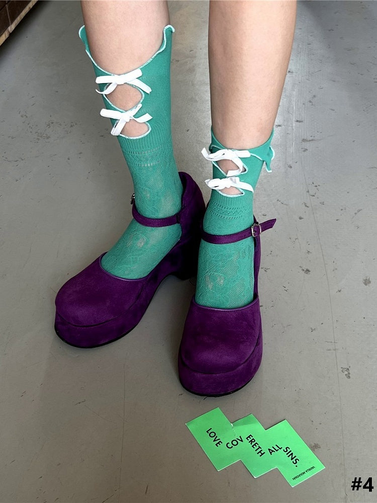 5 Options Bowknot Design Cut-Out Color Calf Details Socks