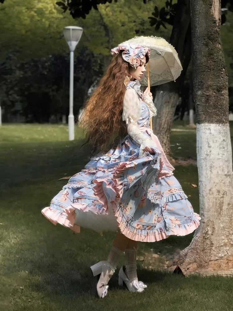 Cookie Hamster Sweet Lolita and Ruffle Print Dress Pink Hem Blue