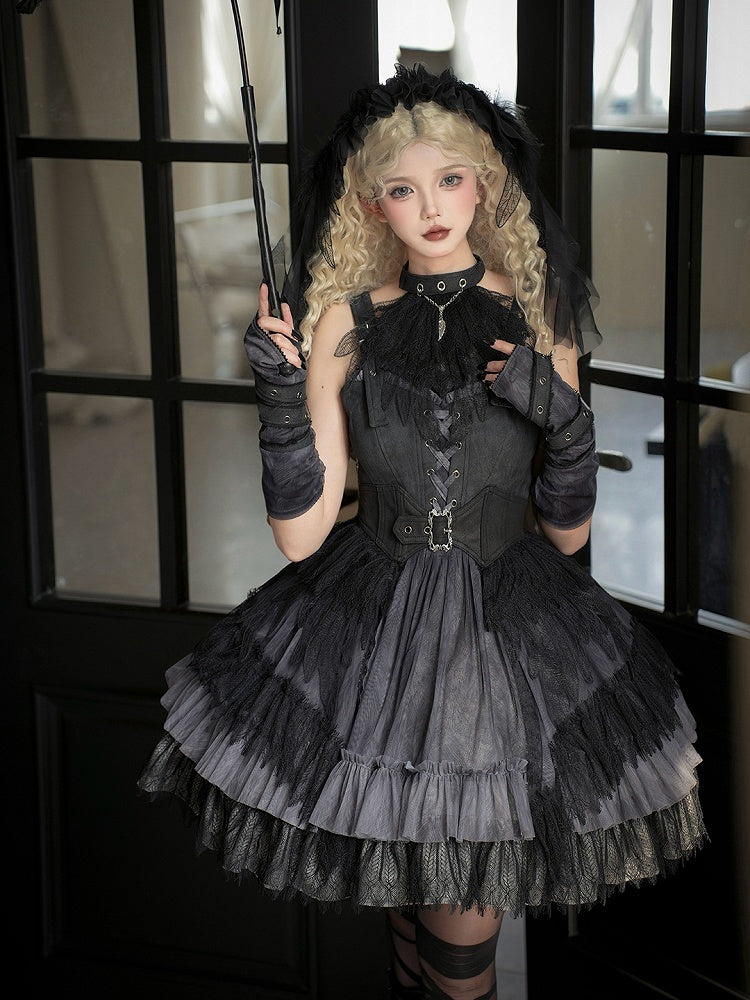Buckle Feather Dress Panel Straps Shoulder Lace Skirt Gothic Black Lolita