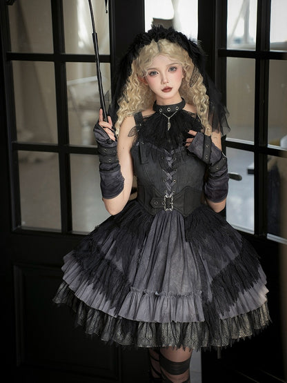 Buckle Feather Dress Panel Straps Shoulder Lace Skirt Gothic Black Lolita