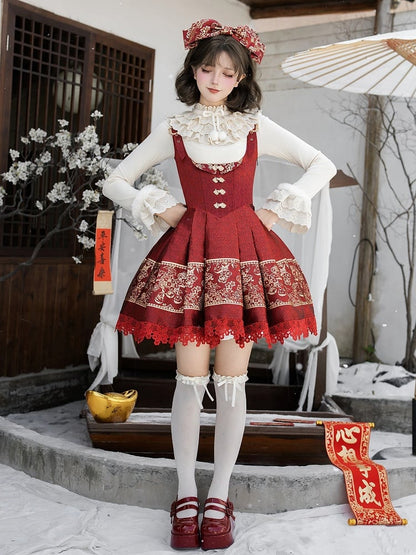 Dress Chinoiserie Waist Short Lolita New Bust Under Version Red Boned Gold Year