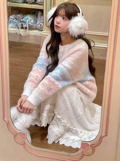 Beigefarbener Midirock mit hoher Taille und Spitzenakzenten und Volantsaum