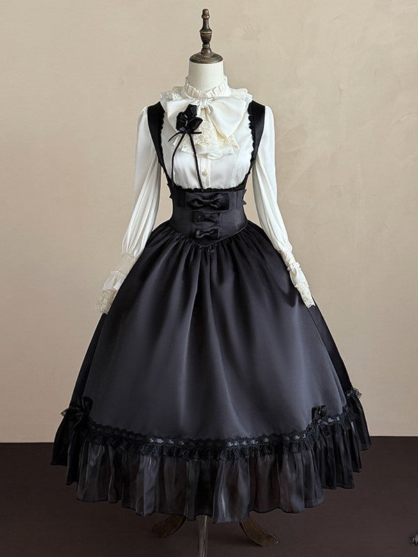 Black Shirt and Jumper Skirt Set with Bow and Ruffle Details - Sweet Dream