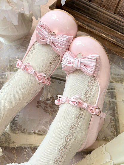 and - Delicate Heart for Lolita Design Sweet Heel Embellishments Leather Mid Bow Toe Round with Shoes PU