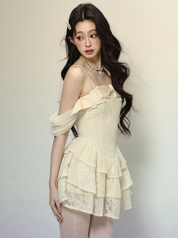 Apricot Bow Accent Tiered Skirt Lace Mini Dress