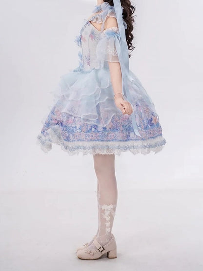 Blue Pearl Marine Print Lace Trimmed Sweet Lolita Jumper Skirt - PG Lullaby