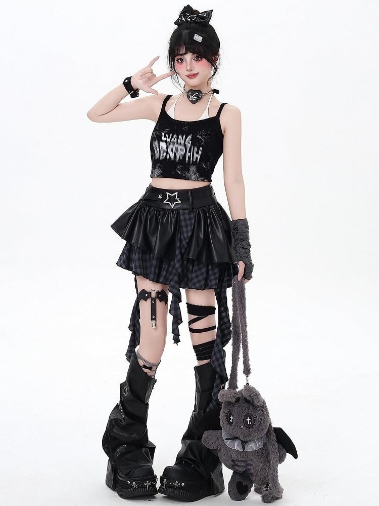 Red Belt Trim Black Ruffle Gray/Black - Y2K Cascading Set Skirt Bittersweet Star