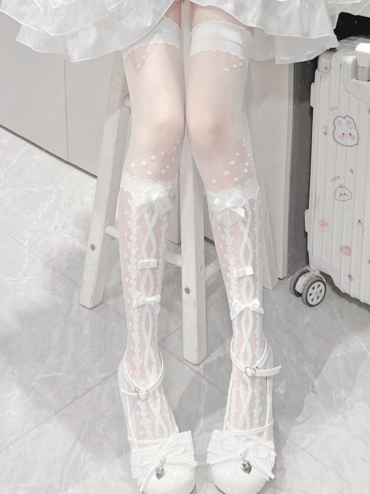 Lolita Colors: Style Stockings Bow-Accented Black) (2 White