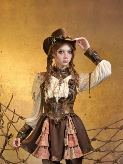 Lace Steampunk Suspender Orange Under-bust PU with Dress Brown Layers
