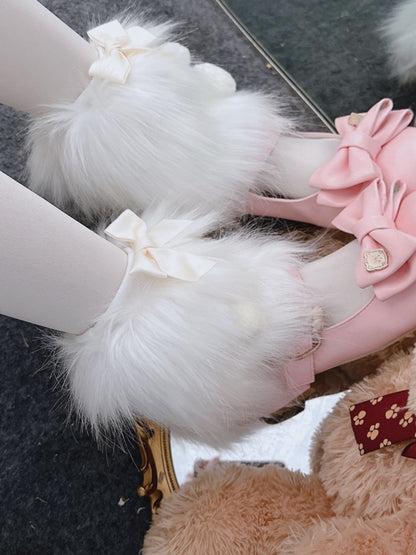 ブラック Y2K フェイクファー 蝶結び レッグウォーマー ポンポン付き