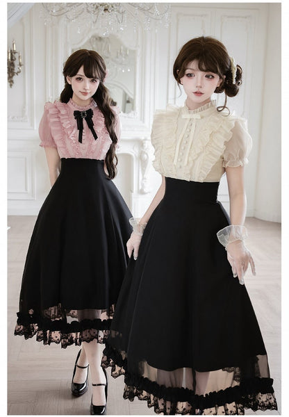 Beige Ruffled Blouse & Black Long Skirt Fake Two Pieces Lolita Dress - With PUJI