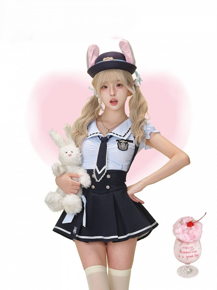 Preppy Single-Strap Pleated Skirt Blue Style Box Overall