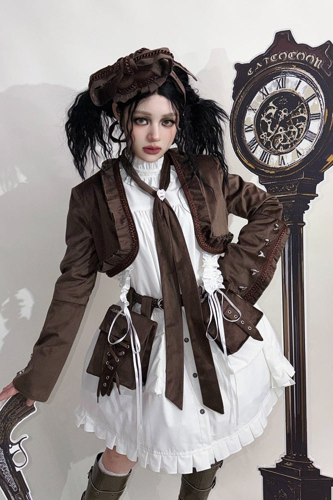 Steampunk Brown x Gothic Black Velvet Ruffle Heart Motif Cuff Cropped Jacket