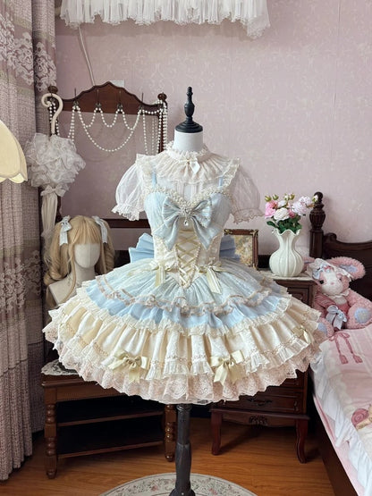 JSK Details Tiered Sweetheart Neckline Lolita Dress Skirt Bowknot Blue Sweet Beige