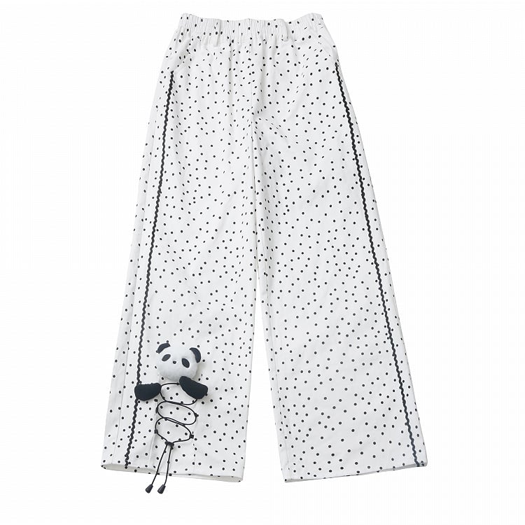 Weiße Baumwollhose mit geradem Bein und Punktemuster und Panda-Plüschtier