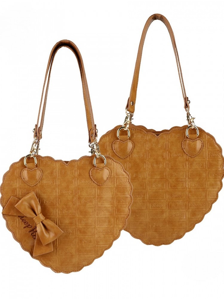 Design Texture Brown Chocolate Light Bow Decorative PU Bag Lolita Sweet Heart Hand/Shoulder/Crossbody with
