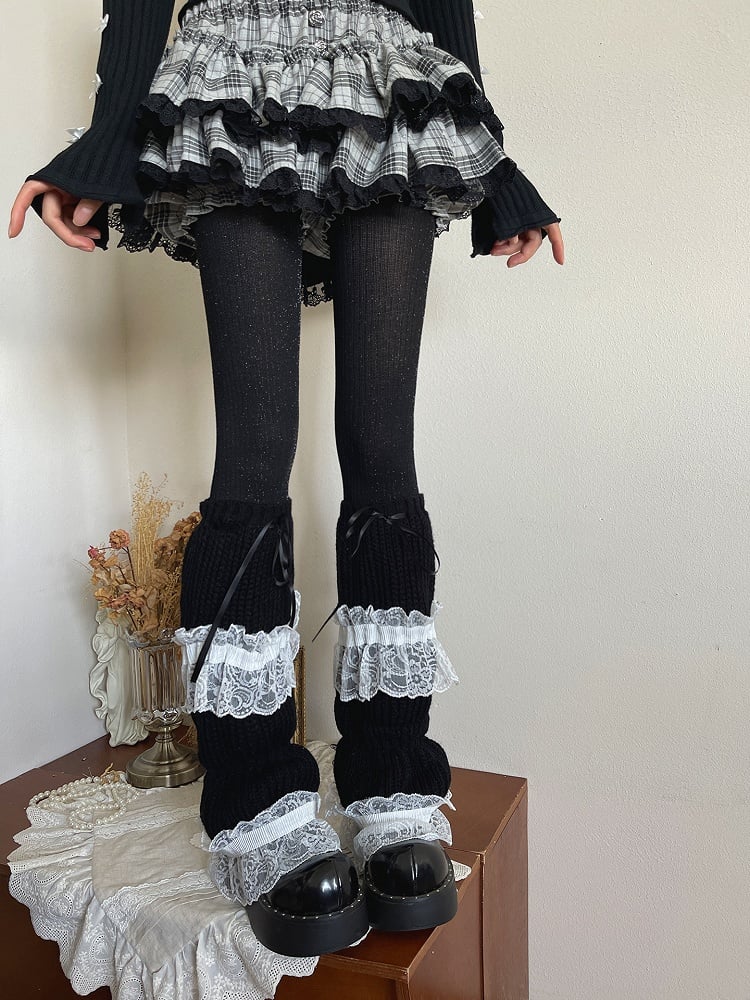 with Bowknot Ruffle Trim Warmers White Black Leg