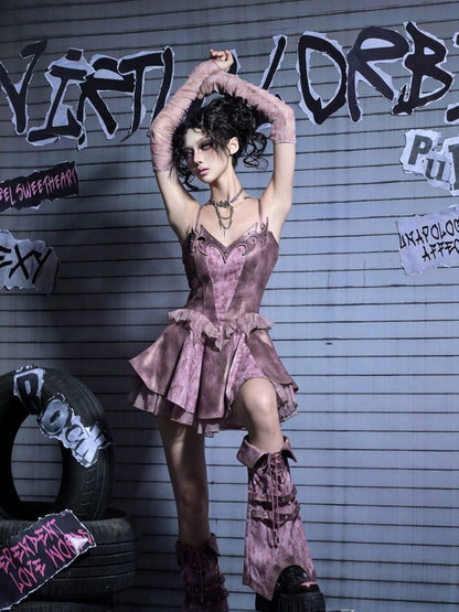 Slip Denim Y2K Totem Embroidery with Punk Ruffles Dress Dusty Pink Studded Tiered Tulle Rhinestoned