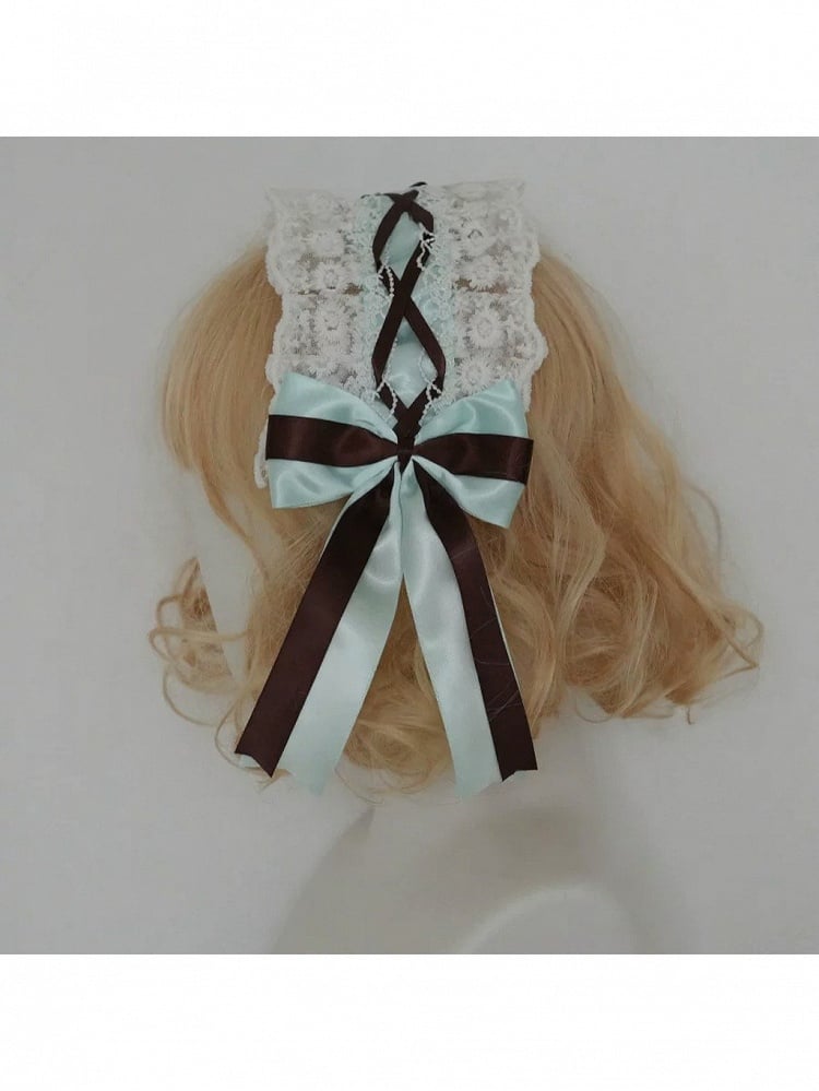 Mint Green Lolita Bow Hairband Lace Trim