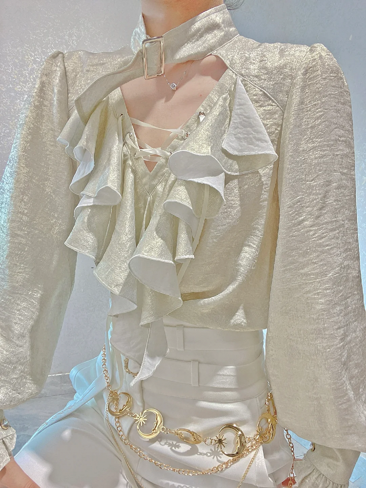 Collar and Sleeves Buckled Off Lolita White Ouji Shirt with Lace-Up Pirate Long Vibes