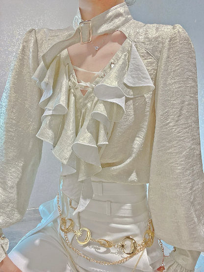 Collar and Sleeves Buckled Off Lolita White Ouji Shirt with Lace-Up Pirate Long Vibes