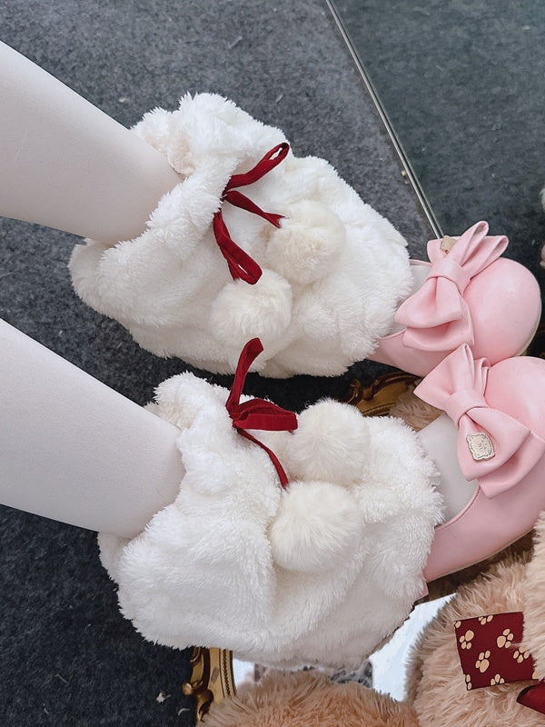 Y2K Plush Leg Warmers with Bowknots and Pompoms