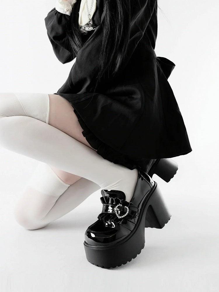 Black Chunky Platform Loafers with Beaded Heel - Sarina