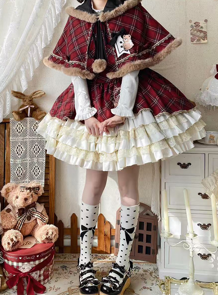 Red and Black Plaid Layered Lace Ruffled Sweet Lolita Dress +  Brown Faux Fur Trim Hooded Cape Set