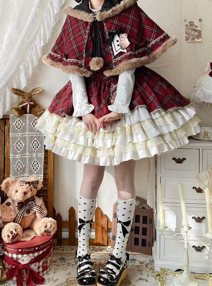 Red and Black Plaid Layered Lace Ruffled Sweet Lolita Dress +  Brown Faux Fur Trim Hooded Cape Set