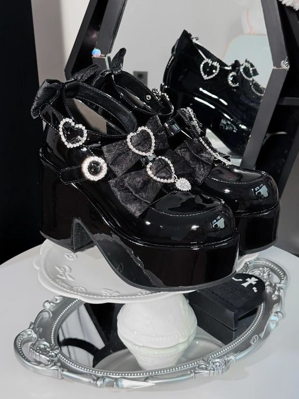 Jirai Kei Polished Black PU Platforms - Mary Janes with Opulent Jacquard Lace Bows & Rhinestones