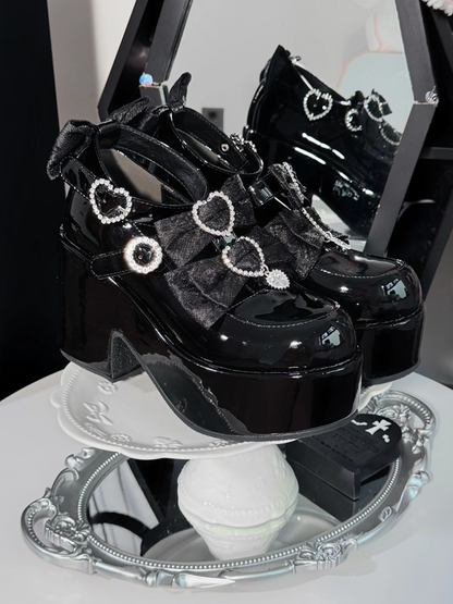 Jirai Kei Polished Black PU Platforms - Mary Janes with Opulent Jacquard Lace Bows & Rhinestones