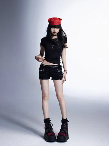 ジッパーウエストスタッズ付きグラマラスディテールショートパンツローブラック