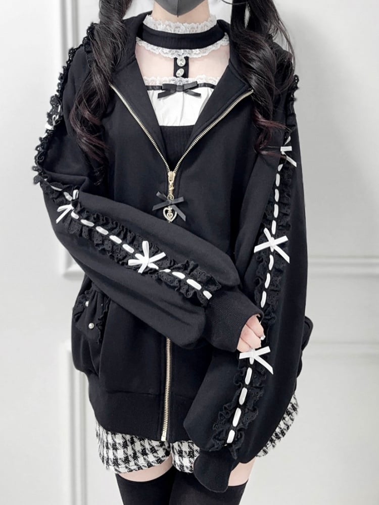 Perforated Jirai Kei Black/White Hoodie Bead-Embellished Bow Jacket: Pockets Sleeve with