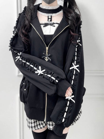 Perforated Jirai Kei Black/White Hoodie Bead-Embellished Bow Jacket: Pockets Sleeve with