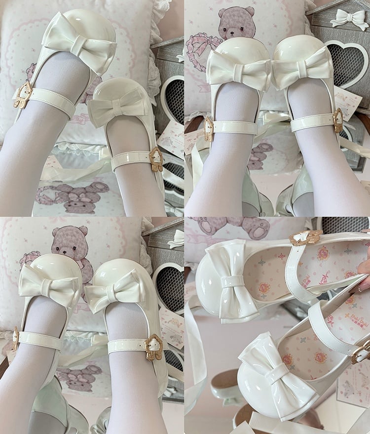 in PU Decorative Bow with Rabbit-shaped Toe and Round Low-heel Shoes Clasp White