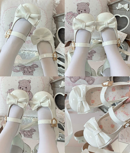 in PU Decorative Bow with Rabbit-shaped Toe and Round Low-heel Shoes Clasp White