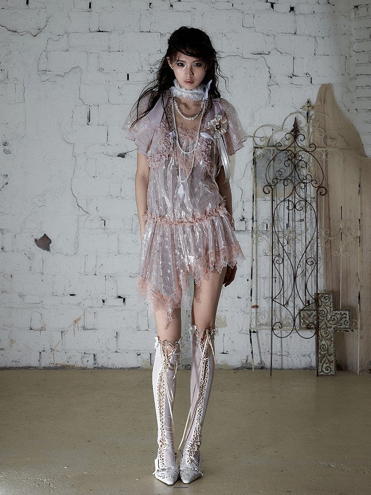 Dusty Pink Chiffon Cropped Top with Lace & Ruffle Trim - Romantic Punk Style