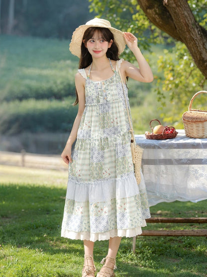 Mori Kei Green Halter Neck Patchwork Design Floral Dress