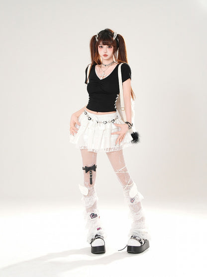 Trim Butterfly Appliques Lace Elastic Waist White/Black